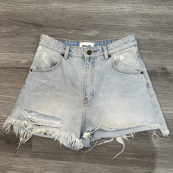 Blue Light Pants - ROLLA'S Dusters High Rise Slim Jean Short Blue Light Wash Women Sz 26 Distressed